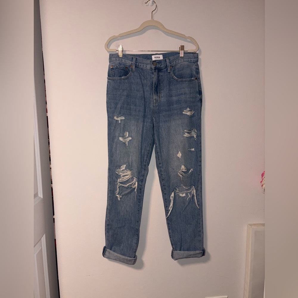 Pistola Distressed Light Blue High Rise Straight Leg Jeans 28